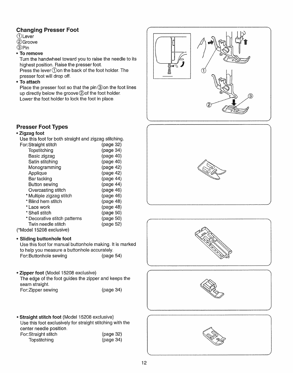 Changing presser foot, Presser foot types, Presser foot lifter | Kenmore 385.15208 User Manual | Page 20 / 75