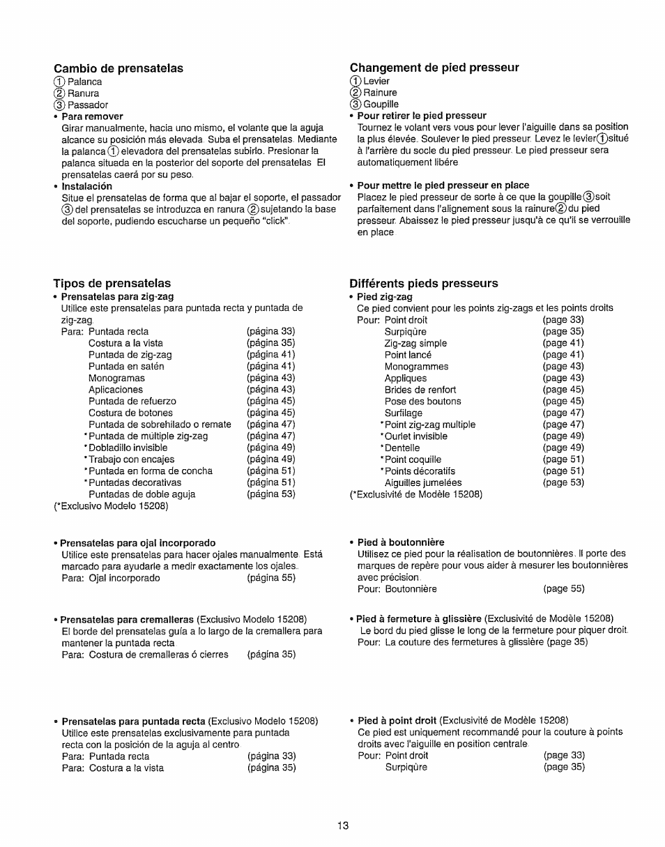 Cambio de prénsatelas, Changement de pied presseur, Différents pieds presseurs | Kenmore 385.15208 User Manual | Page 21 / 75