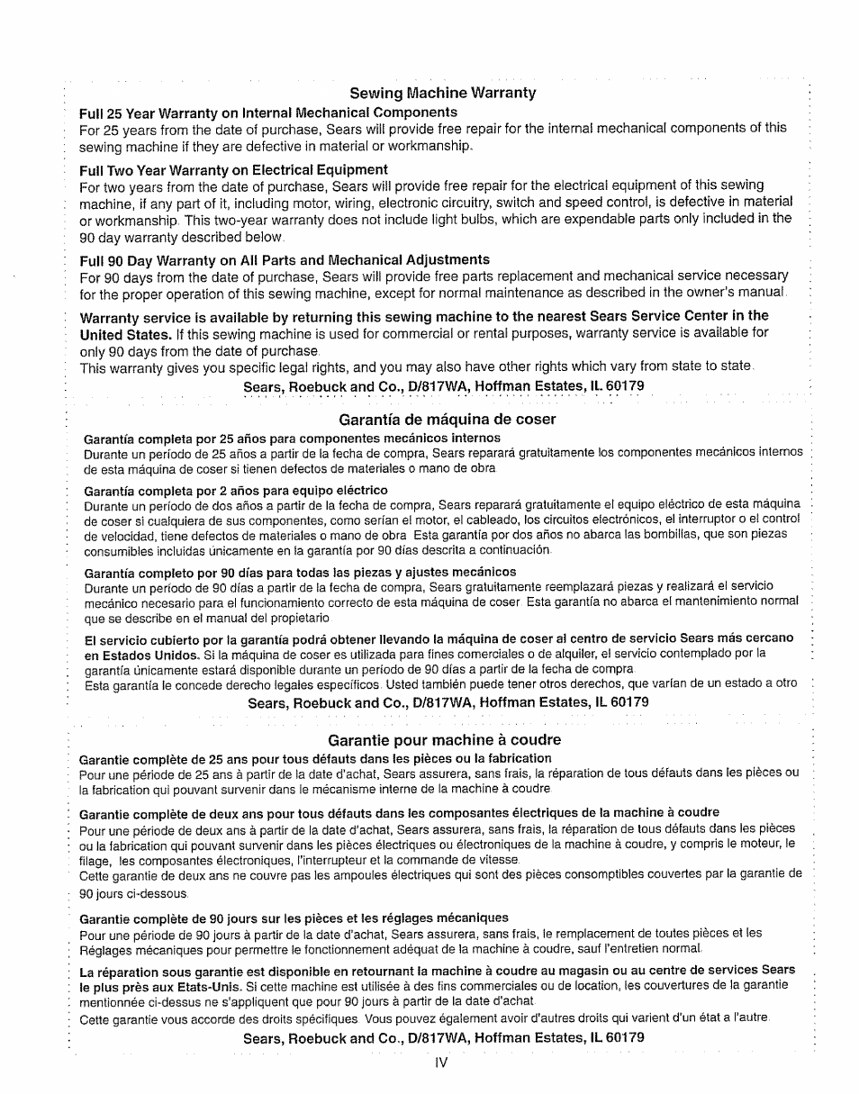 Sewing machine warranty, Garantía de máquina de coser, Garantie pour machine à coudre | Kenmore 385.15208 User Manual | Page 3 / 75