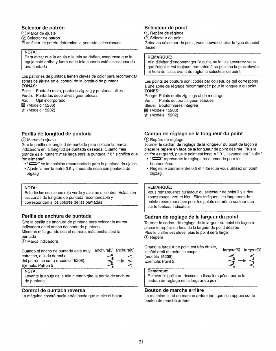 Selector de patrón, Sélecteur de point, Perilla de longitud de puntada | Cadran de réglage de la longueur du point, Perilla de anchura de puntada, Cadran de réglage de ta largeur du point | Kenmore 385.15208 User Manual | Page 39 / 75