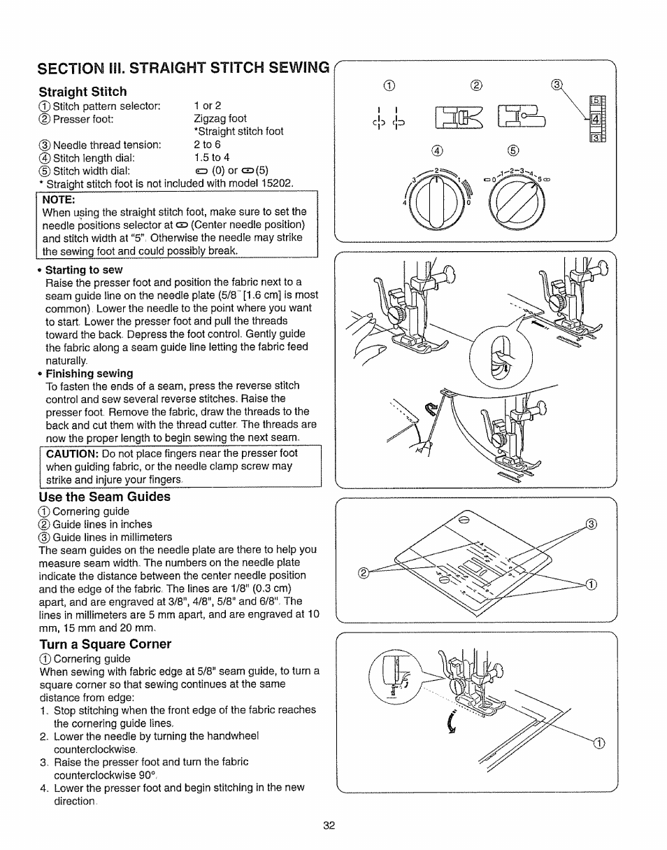 Section iii. straight stitch sewing, Use the seam guides, Turn a square corner | Kenmore 385.15208 User Manual | Page 40 / 75