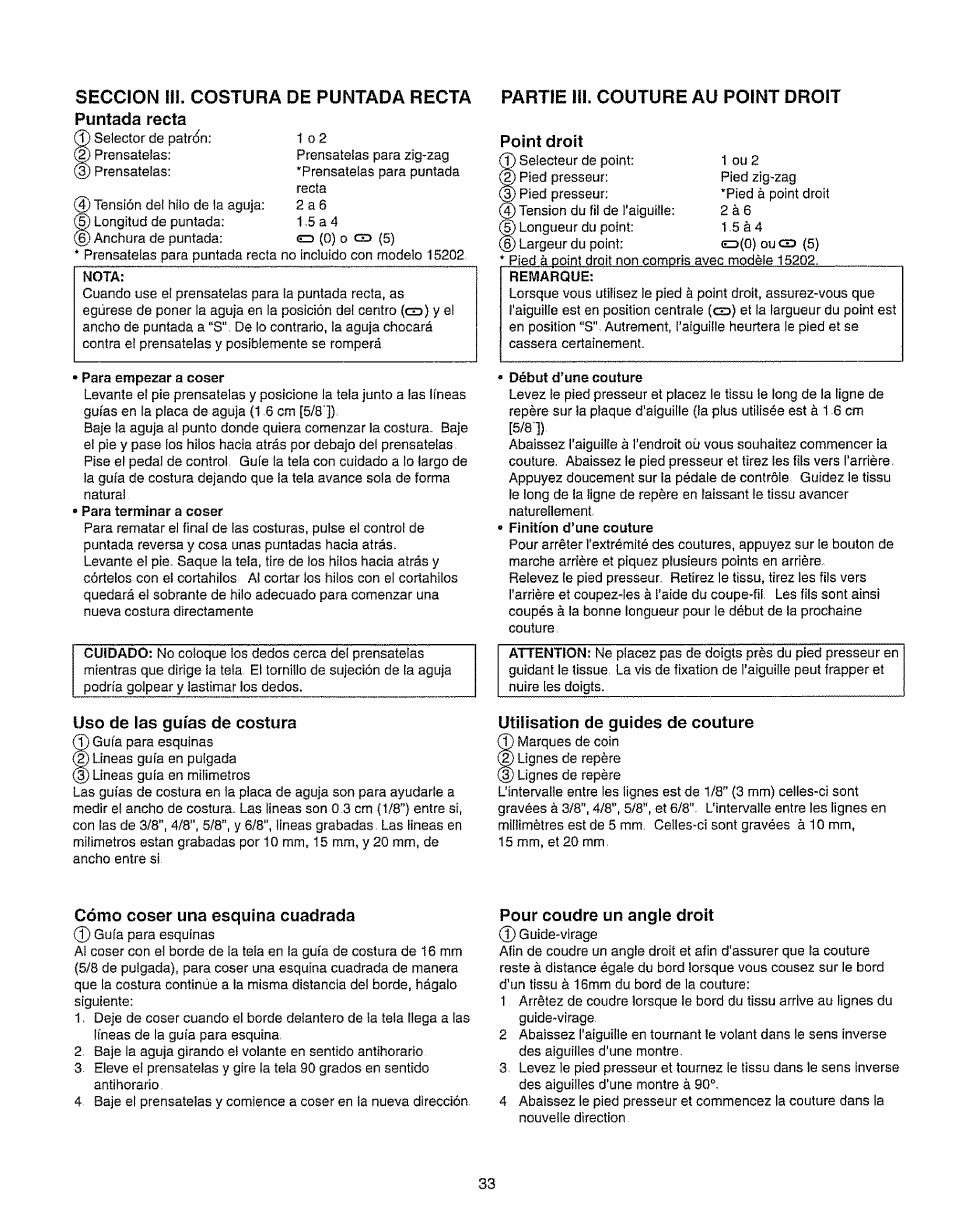 Puntada recta, Point droit, Uso de las guías de costura | Utilisation de guides de couture, Cómo coser una esquina cuadrada, Pour coudre un angle droit | Kenmore 385.15208 User Manual | Page 41 / 75