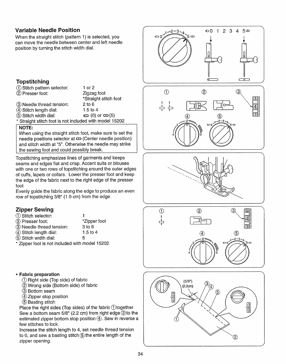 Variable needle position, Topstitching, Zipper sewing | Satin stitching | Kenmore 385.15208 User Manual | Page 42 / 75