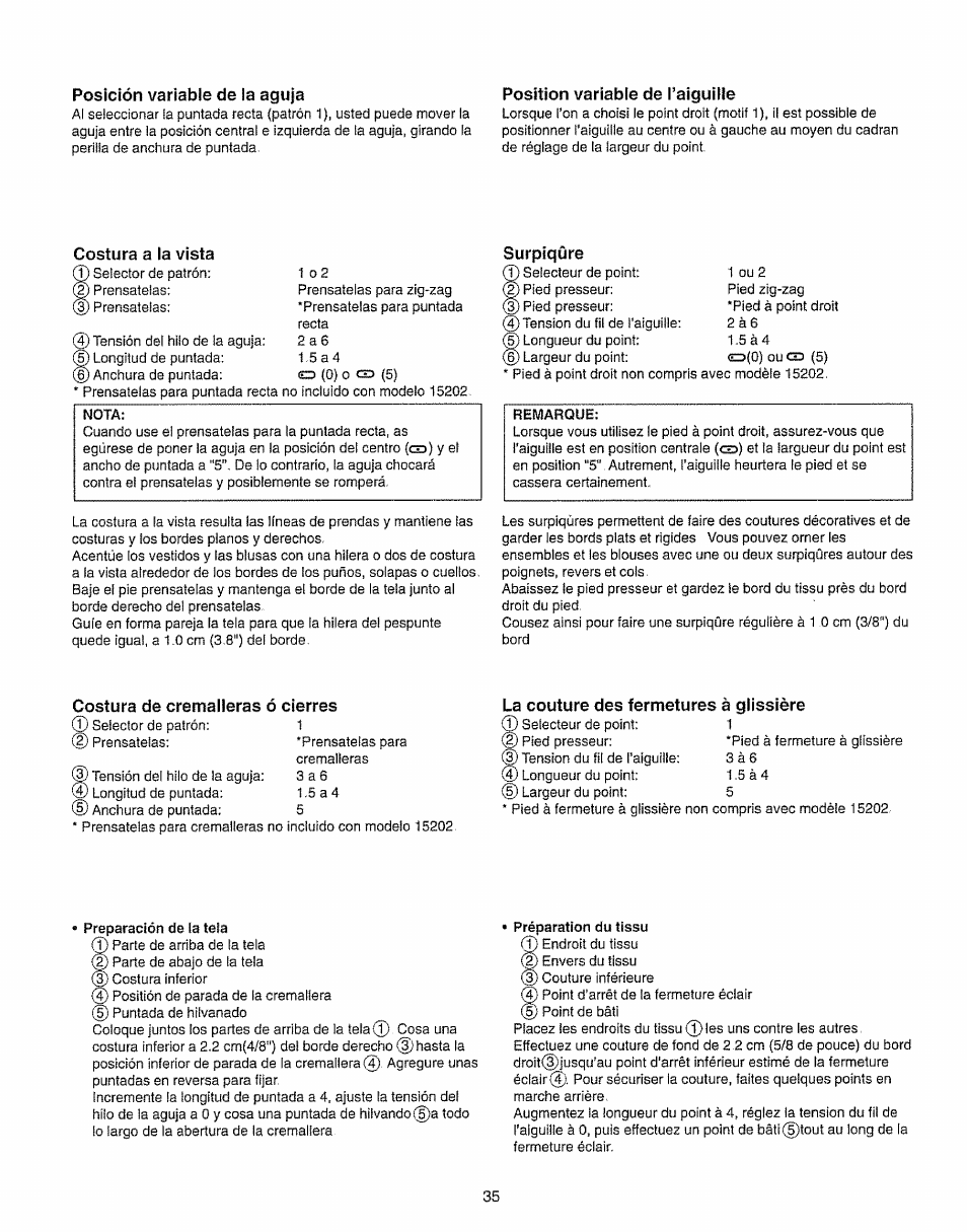 Posición variable de !a agu|a, Position variable de l’aiguilie, Costura a la vista | Surpiqûre, Costura de cremalleras ó cierres, La couture des fermetures à glissière | Kenmore 385.15208 User Manual | Page 43 / 75