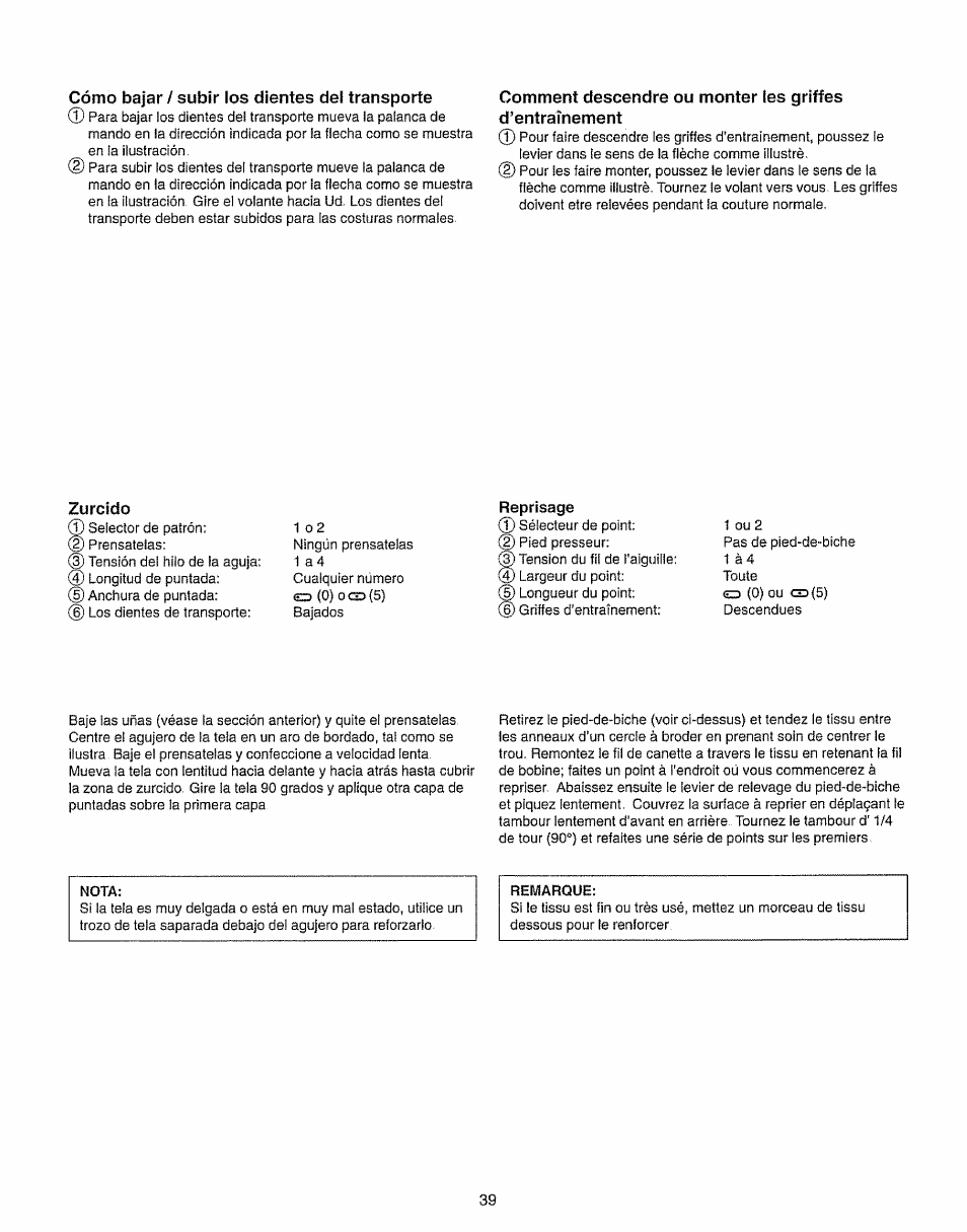 Cómo bajar / subir los dientes del transporte, Zurcido, Cómo bajar/subir los dientes del transporte | Kenmore 385.15208 User Manual | Page 47 / 75