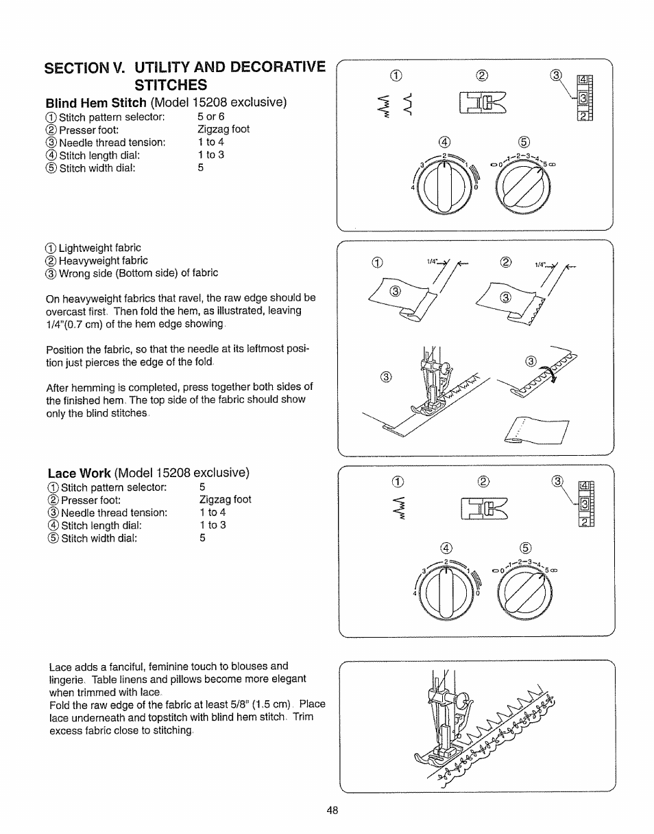 Section v. utility and decorative stitches, Work | Kenmore 385.15208 User Manual | Page 56 / 75