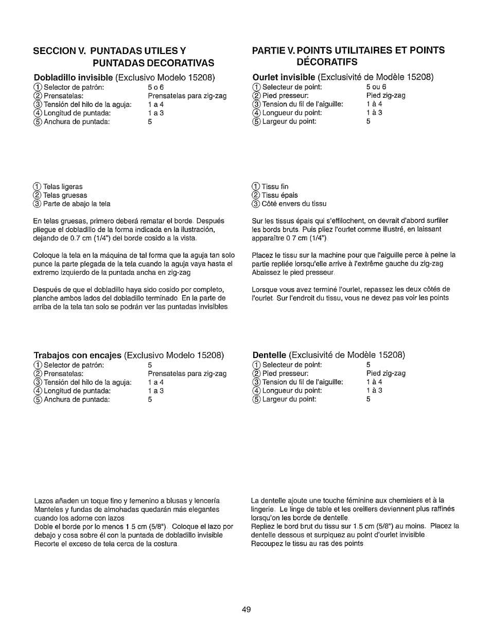 Seccion v. puntadas utiles y, Puntadas decorativas, Partie v. points utilitaires et points décoratifs | Kenmore 385.15208 User Manual | Page 57 / 75