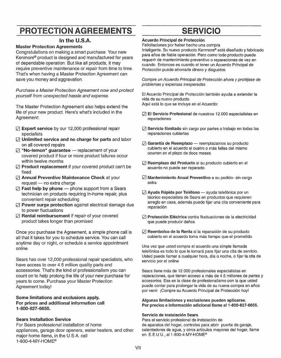 Protection agreements, In the u.s.a, Protection agreements servicio | Kenmore 385.15208 User Manual | Page 6 / 75