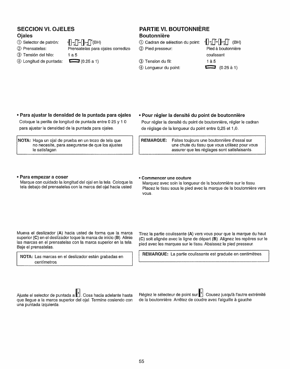 Seccion vi. ojeles, Ojales, Partie vi. boutonniere boutonnière | Ojales -57 | Kenmore 385.15208 User Manual | Page 63 / 75