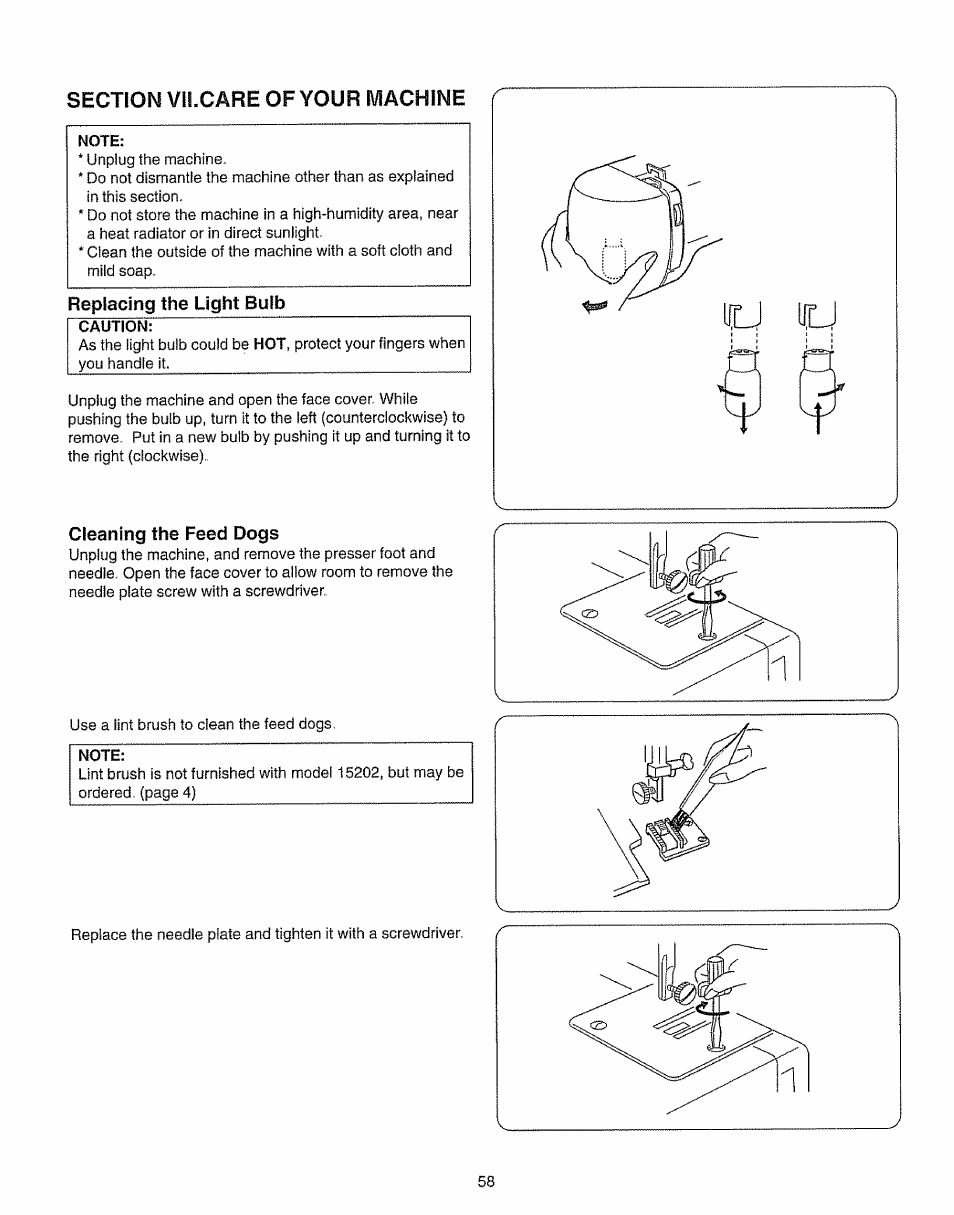 Section vil.care of your machine, Replacing the light bulb, Cleaning the feed dogs | Kenmore 385.15208 User Manual | Page 66 / 75