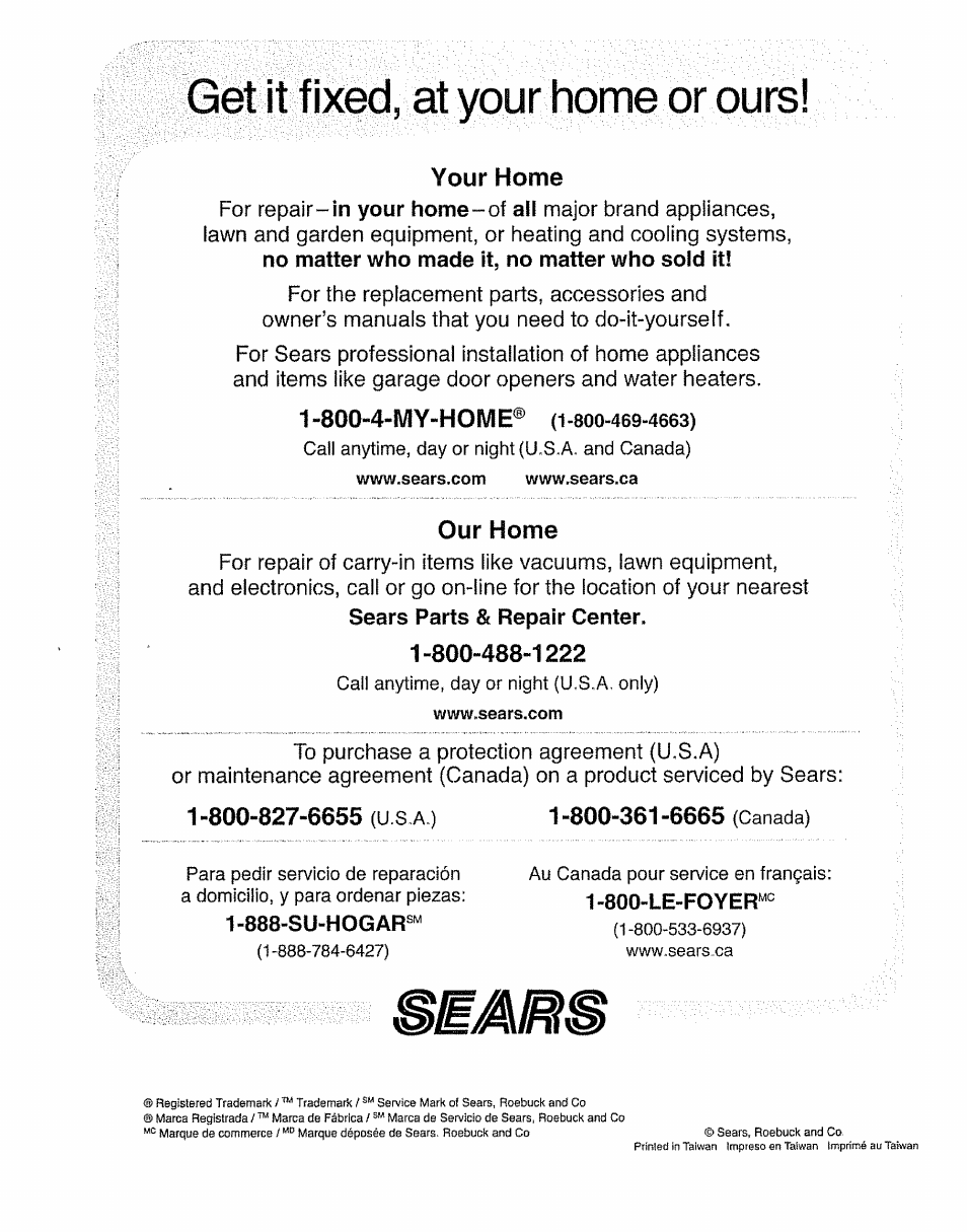 Get it fixed, at your home or ours, 888-su-hogar | Kenmore 385.15208 User Manual | Page 75 / 75