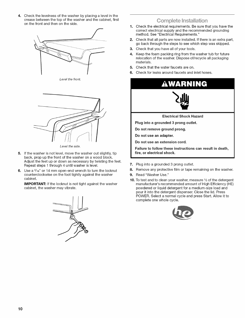 A warning | Kenmore OASIS HT W10026626B User Manual | Page 10 / 80