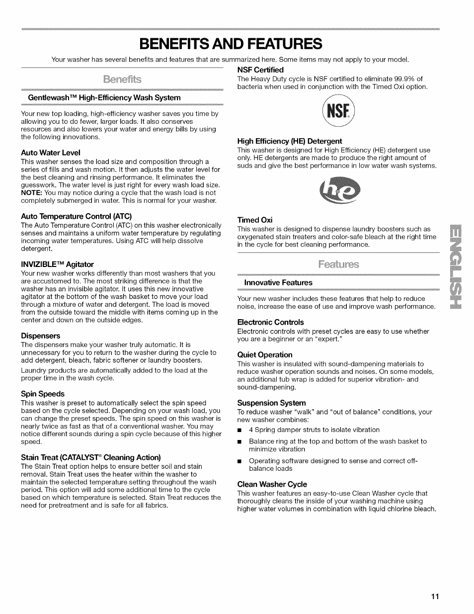 Benefits and features, Gentlewash’^'^ high-efficiency wash system, Auto water level | Auto temperature control (атс), Invizible™ agitator, Dispensers, Spin speeds, Stain treat (catalyst® cleaning action), High efficiency (he) detergent, Timed oxi | Kenmore OASIS HT W10026626B User Manual | Page 11 / 80