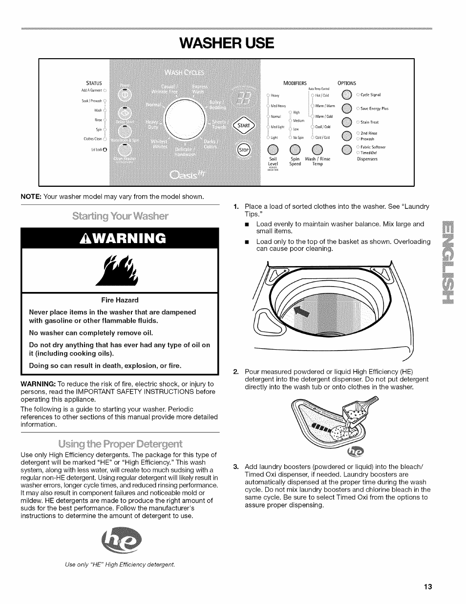 Washer use, A warning | Kenmore OASIS HT W10026626B User Manual | Page 13 / 80