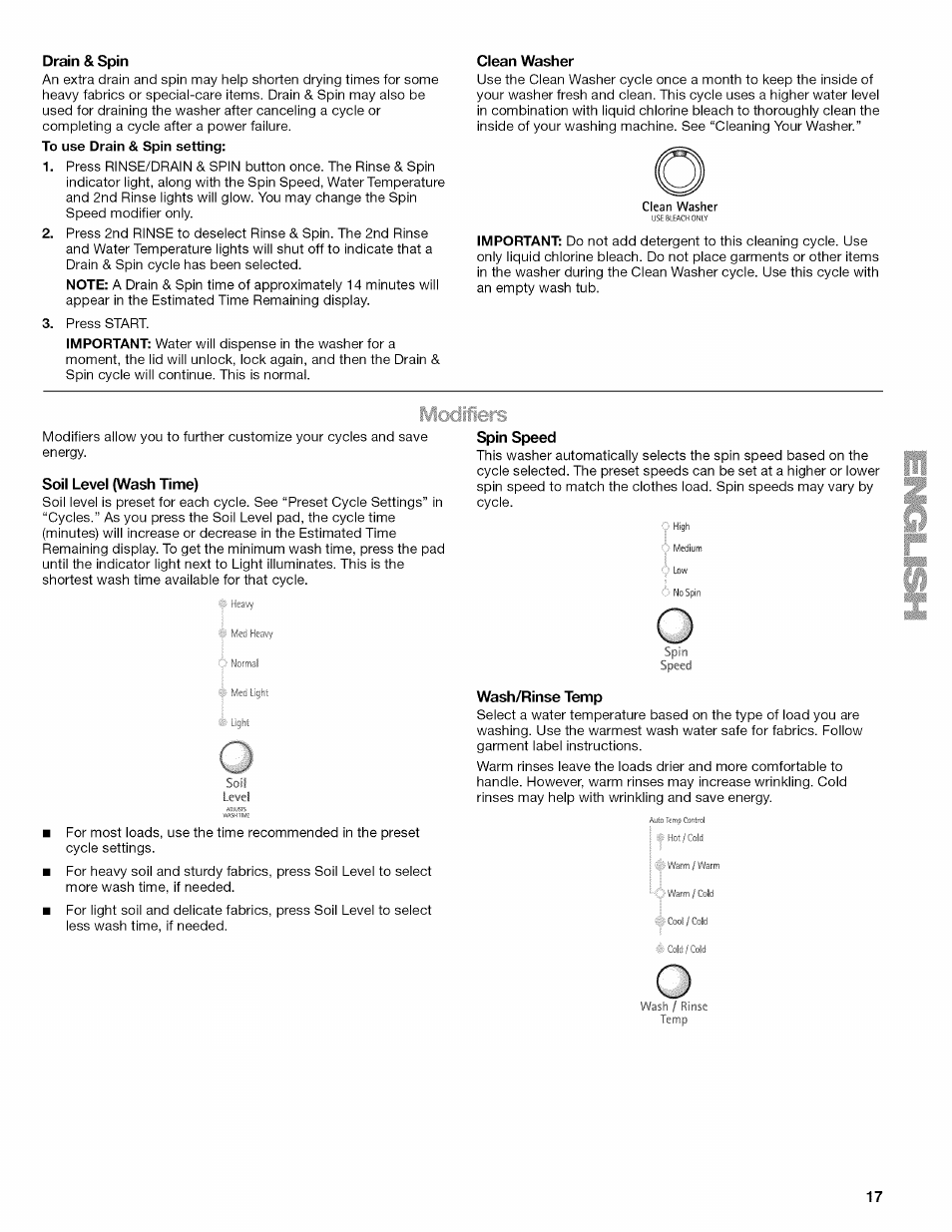 Drain & spin, Clean washer, Soil level (wash time) | Spin speed, Wash/rinse temp | Kenmore OASIS HT W10026626B User Manual | Page 17 / 80