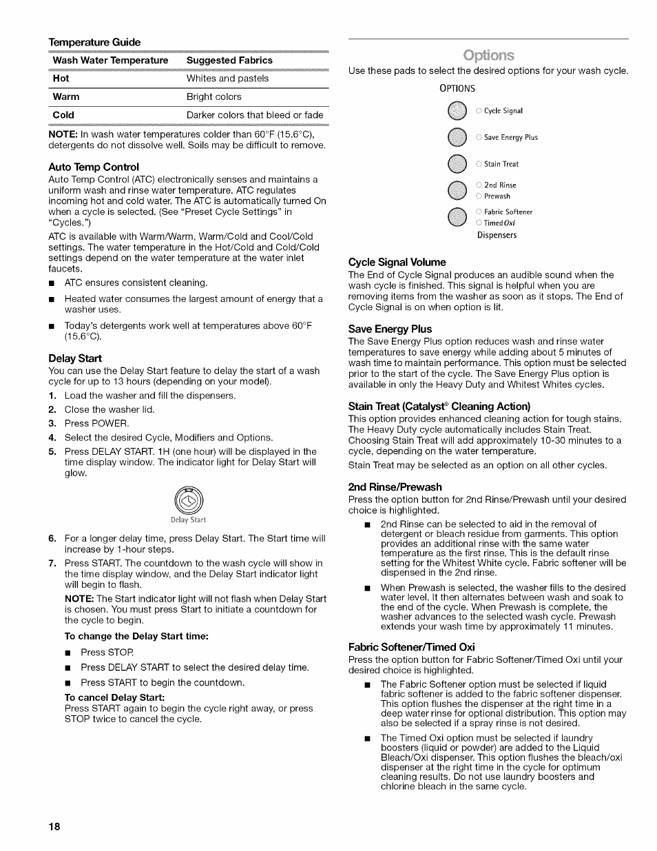 Auto temp control, Delay start, Cycle signal volume | Save energy plus, Stain treat (catalyst® cleaning action), 2nd rinse/prewash, Fabric softener/timed oxi | Kenmore OASIS HT W10026626B User Manual | Page 18 / 80