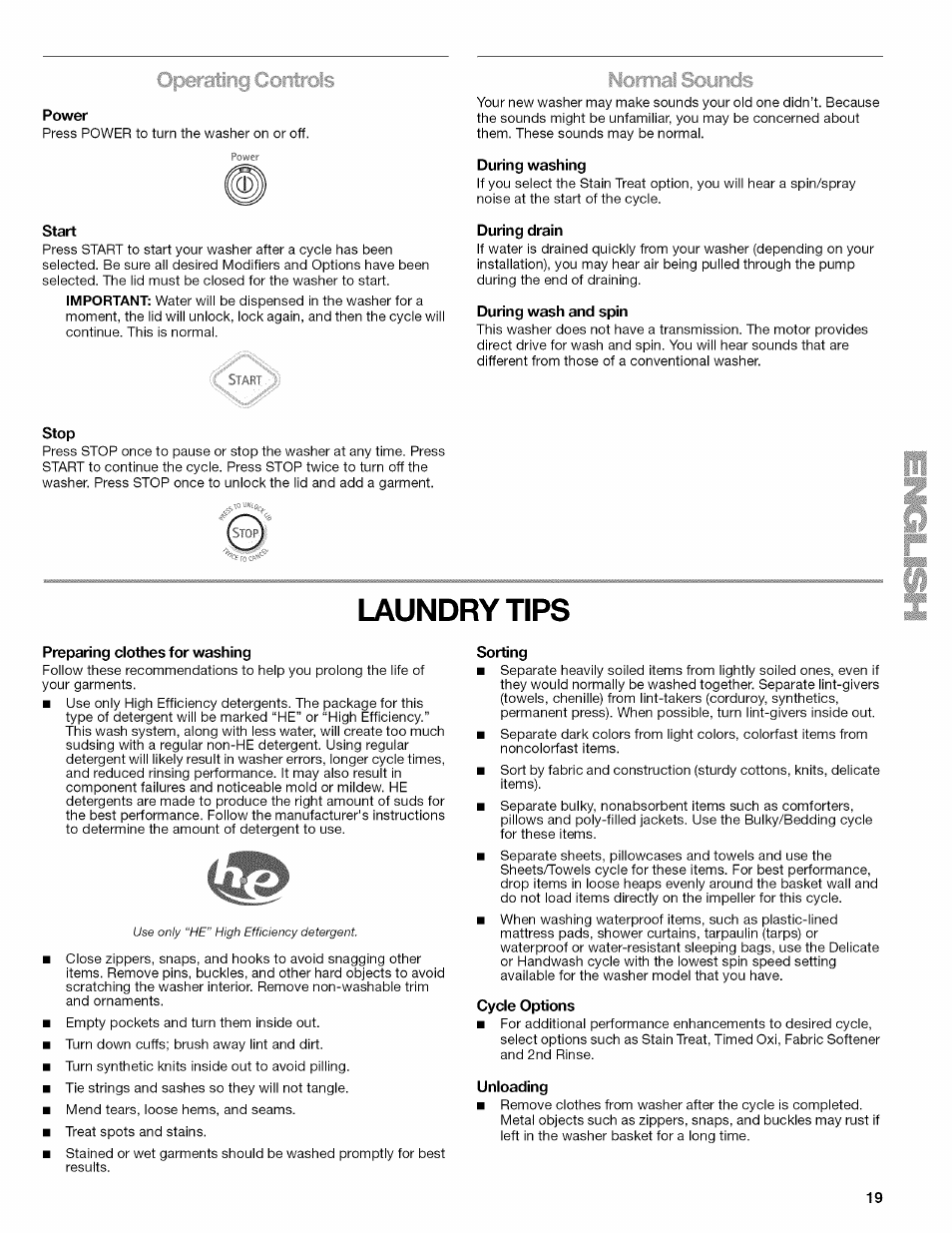 Power, Start, During washing | During drain, During wash and spin, Stop, Laundry tips, Preparing clothes for washing, Sorting, Cycle options | Kenmore OASIS HT W10026626B User Manual | Page 19 / 80