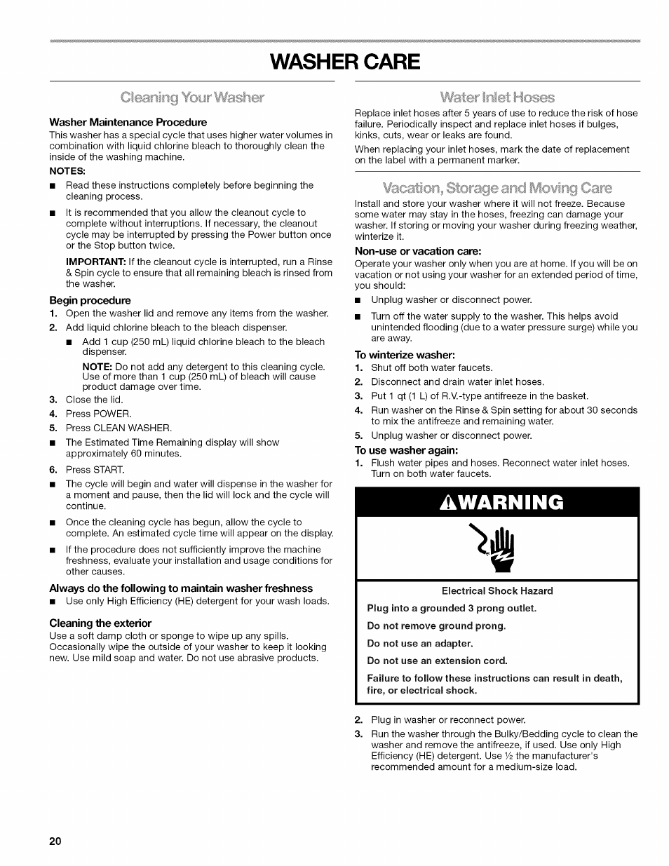 Washer care, Washer maintenance procedure, Cleaning the exterior | To winterize washer, A warning | Kenmore OASIS HT W10026626B User Manual | Page 20 / 80