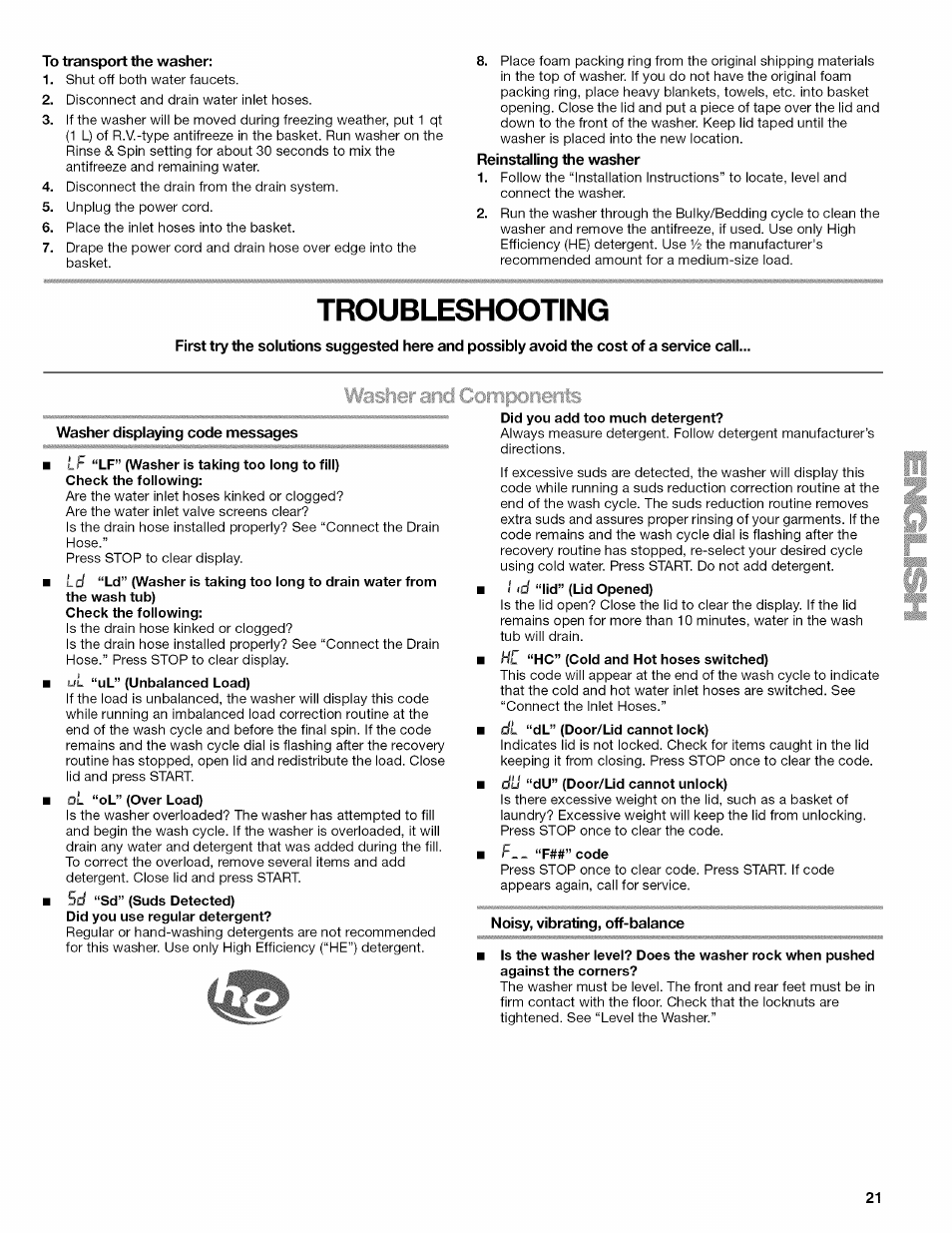 To transport the washer, Troubleshooting, Washer displaying code messages | Noisy, vibrating, off-balance | Kenmore OASIS HT W10026626B User Manual | Page 21 / 80