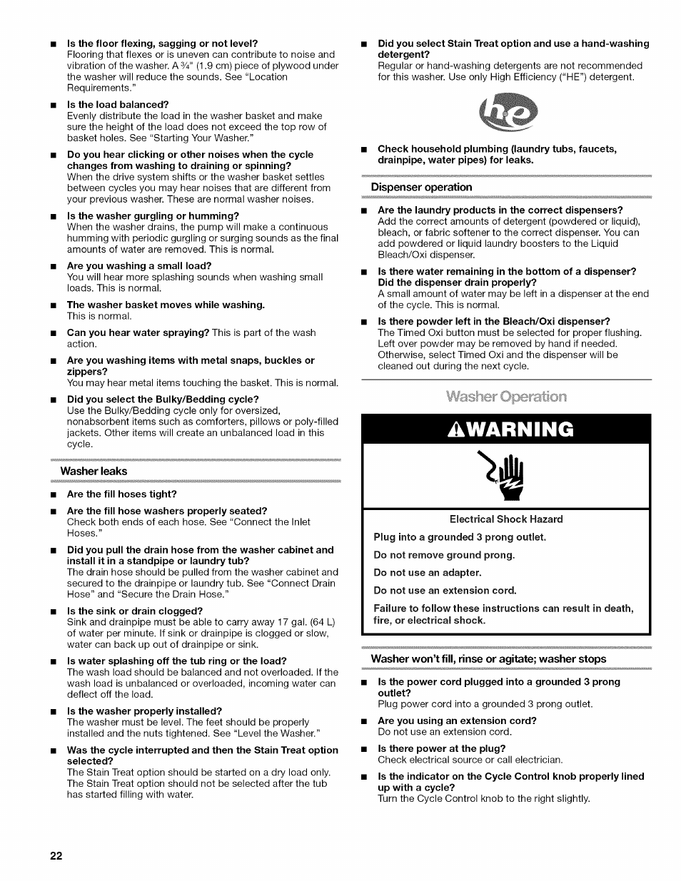 Washer leaks, Dispenser operation, A warning | Washer won’t fill, rinse or agitate; washer stops, Washer operation | Kenmore OASIS HT W10026626B User Manual | Page 22 / 80