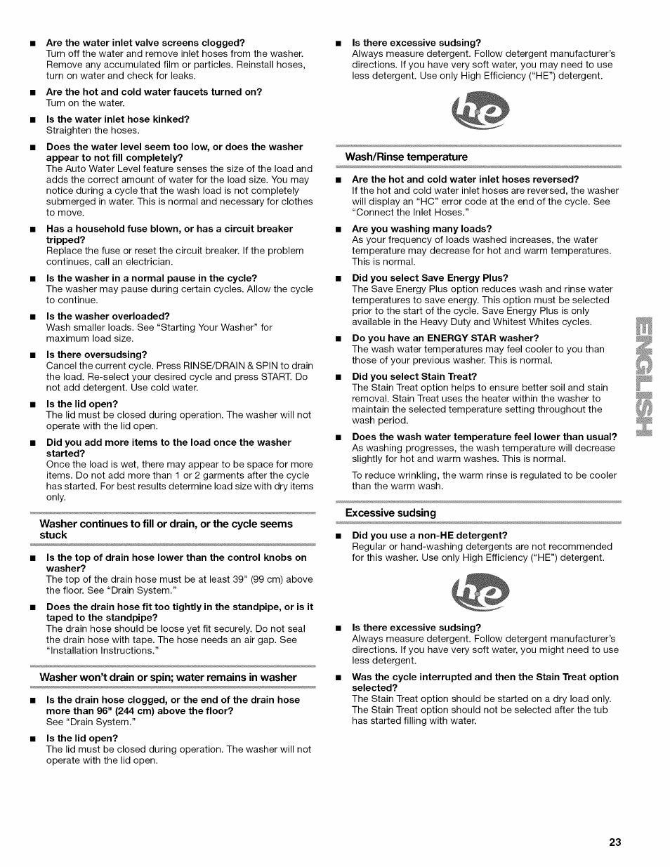 Wash/rinse temperature, Excessive sudsing | Kenmore OASIS HT W10026626B User Manual | Page 23 / 80