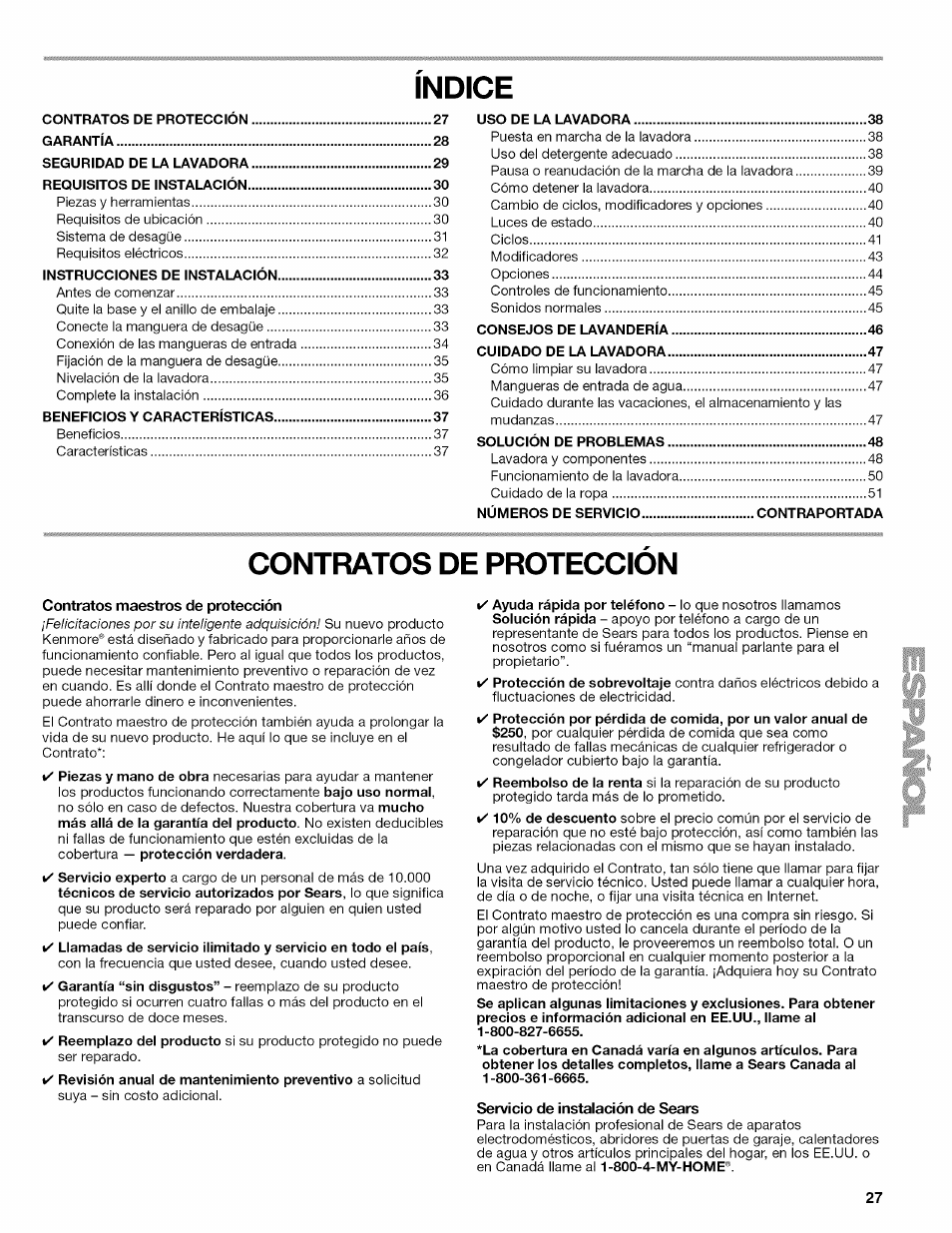 Indice, Contfiatos de proteccion, Contratos maestros de protección | Servicio de instalación de sears | Kenmore OASIS HT W10026626B User Manual | Page 27 / 80