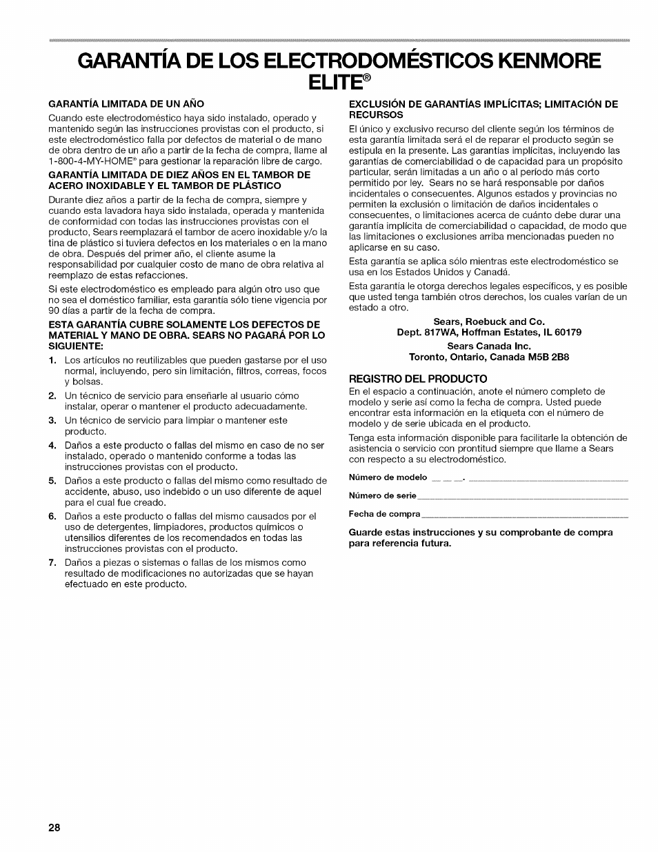 Garantia de los electrodomesticos kenmore, Elitp, Registro del producto | Garantia de los electrodomesticos kenmore elitp | Kenmore OASIS HT W10026626B User Manual | Page 28 / 80