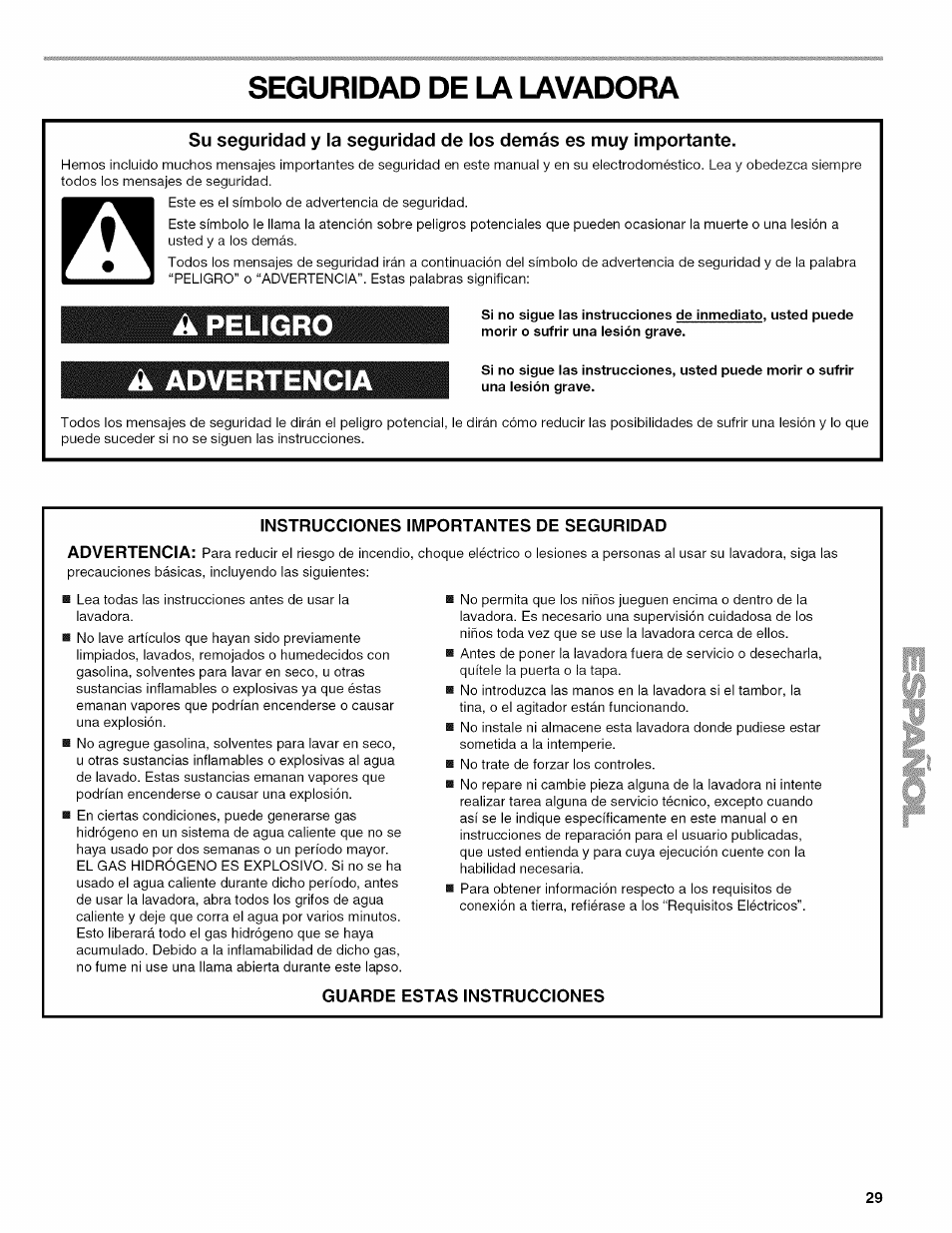 Seguridad de la lavadora, A peligro, A advertencia | Peligro, Advertencia | Kenmore OASIS HT W10026626B User Manual | Page 29 / 80