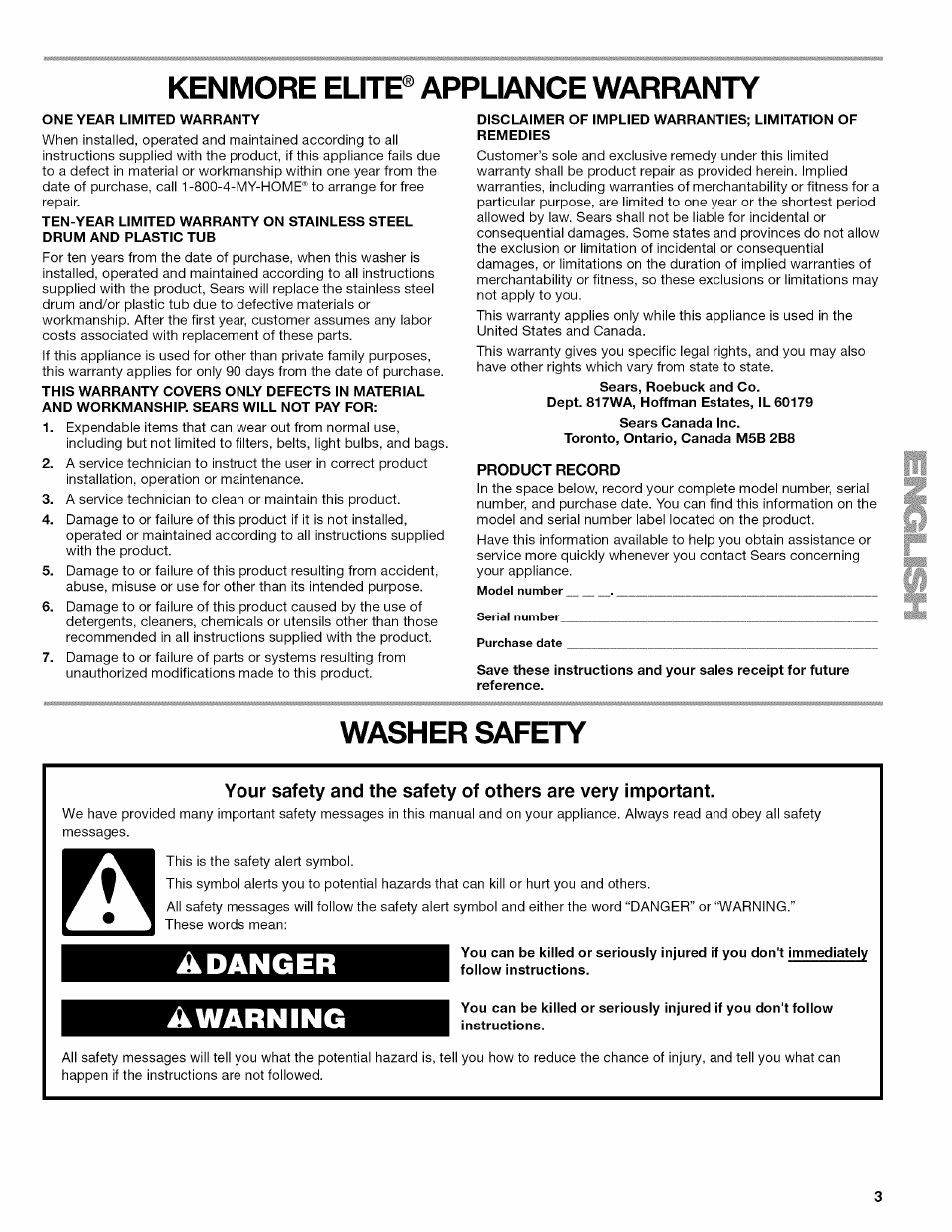 Kenmore elite® appliance warranty, Product record, Washer safety | Adanger, Awarning, Adanger awarning | Kenmore OASIS HT W10026626B User Manual | Page 3 / 80