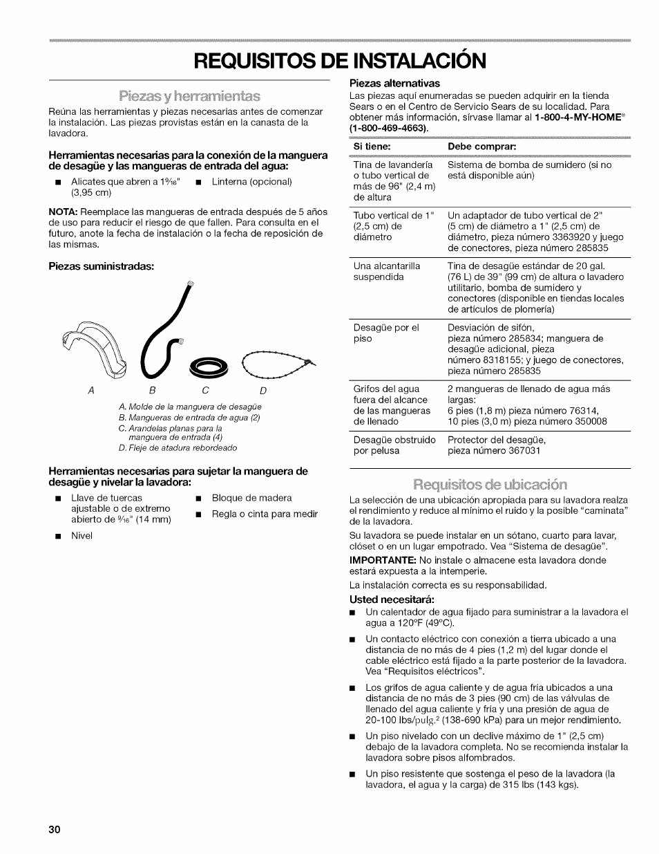 Requisitos de instalacion, Piezas suministradas, Reoulsitos de instalación | Kenmore OASIS HT W10026626B User Manual | Page 30 / 80