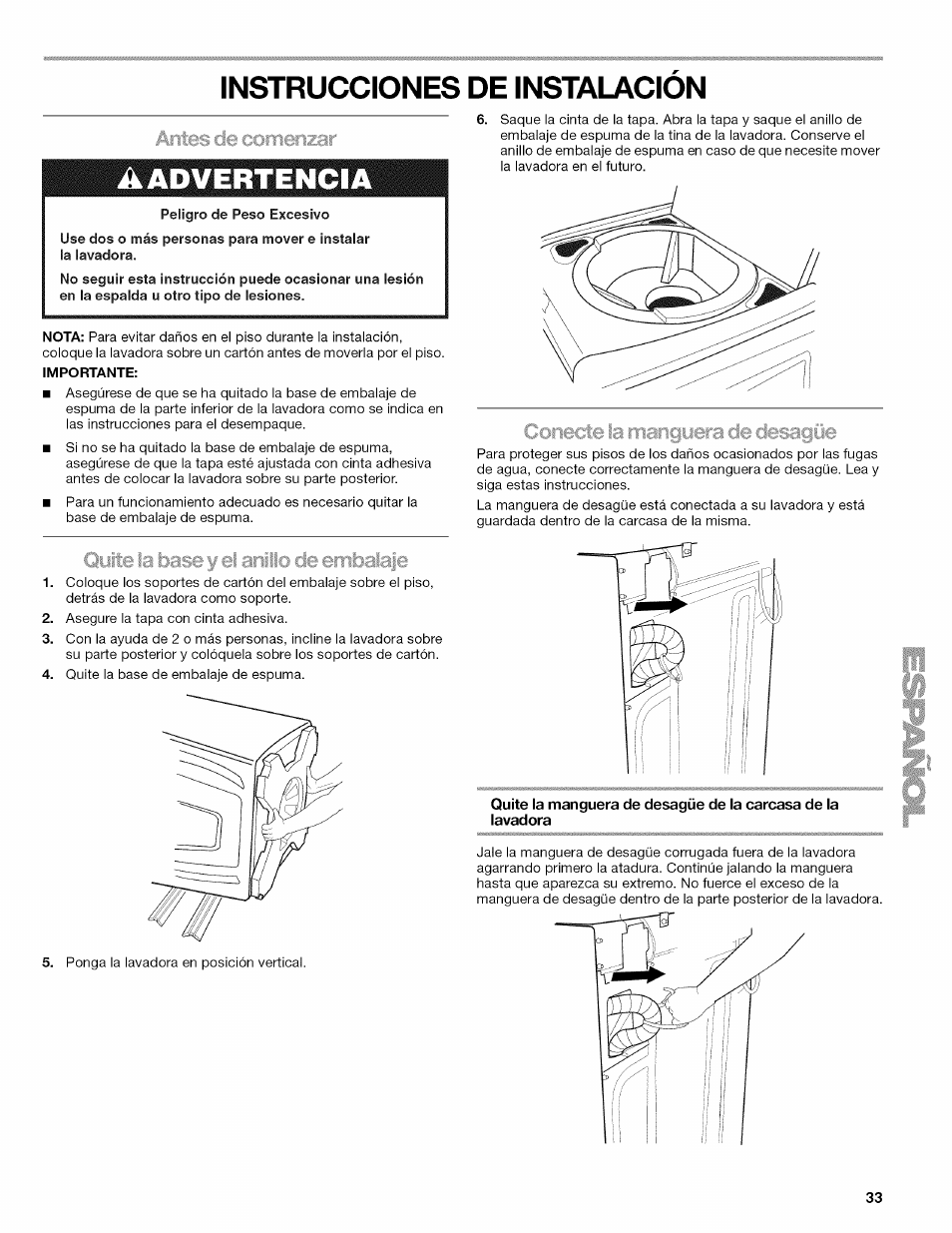 Instrucciones de instalacion, A advertencia, Instrucciones de instalación | Kenmore OASIS HT W10026626B User Manual | Page 33 / 80