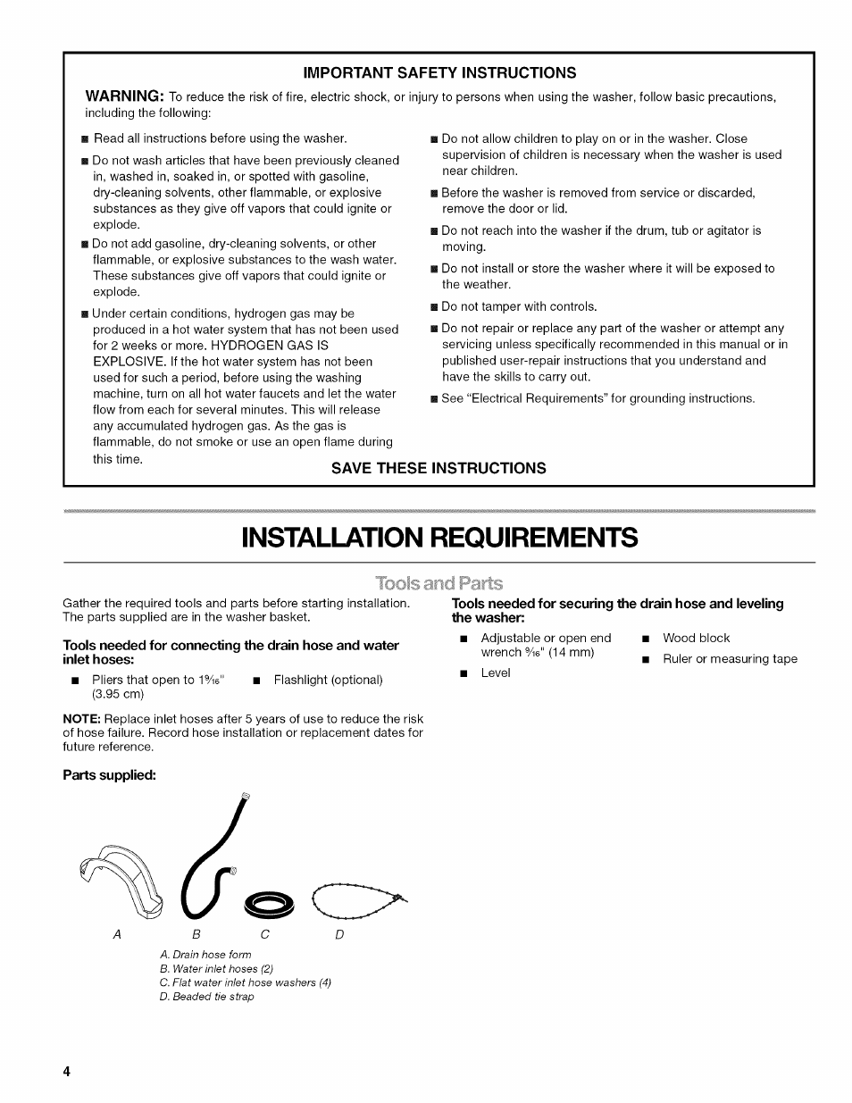 Important safety instructions, Save these instructions, Installation requirements | Parts supplied | Kenmore OASIS HT W10026626B User Manual | Page 4 / 80