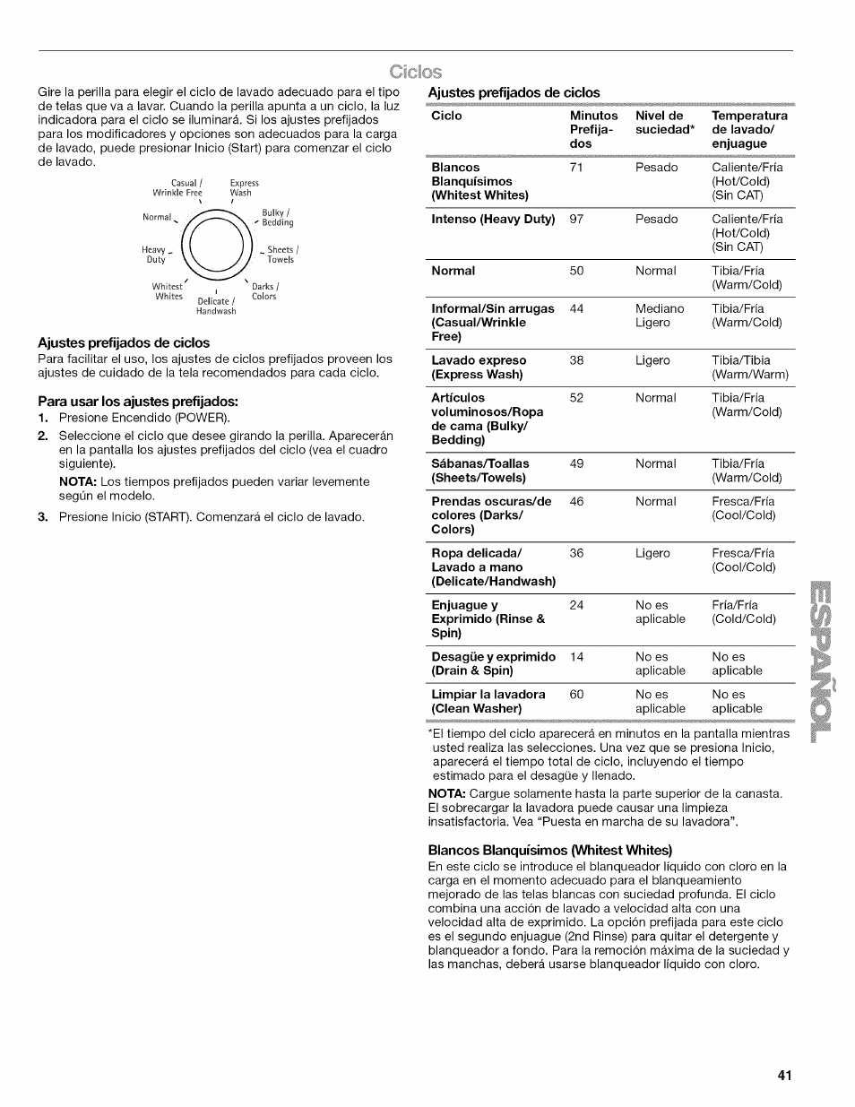 Ajustes prefijados de ciclos, Para usar los ajustes prefijados, Blancos blanquísimos (whitest whites) | Ciclos | Kenmore OASIS HT W10026626B User Manual | Page 41 / 80