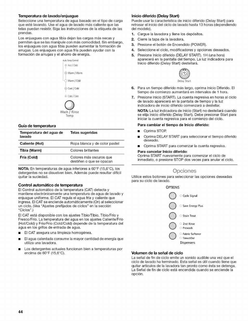 Temperatura de lavado/enjuague, Guía de temperatura, Control automático de temperatura | Inicio diferido (delay start), Volumen de la señal de ciclo | Kenmore OASIS HT W10026626B User Manual | Page 44 / 80