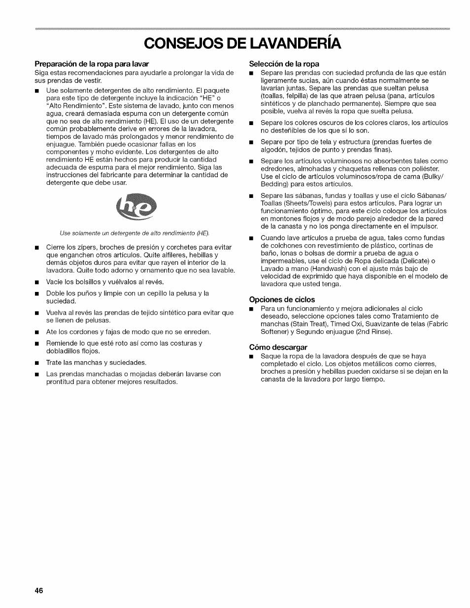 Consejos de lavanderia, Preparación de la ropa para lavar, Selección de la ropa | Opciones de ciclos, Cómo descargar, Consejos de lavandería | Kenmore OASIS HT W10026626B User Manual | Page 46 / 80