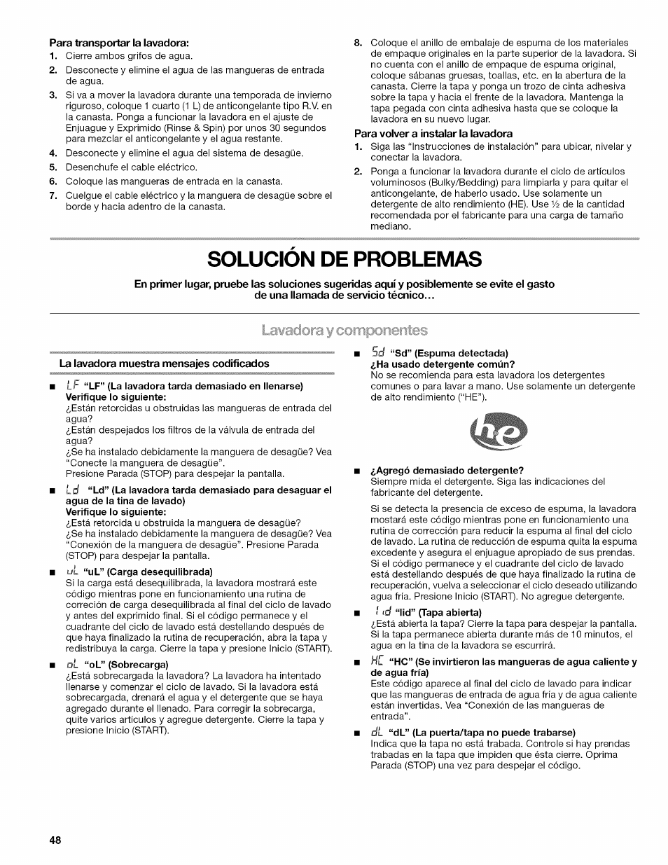 Para transportar la lavadora, Solucion de problemas, La lavadora muestra mensajes codificados | Solución de problemas | Kenmore OASIS HT W10026626B User Manual | Page 48 / 80