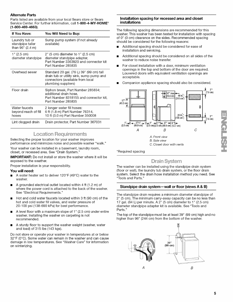 Standpipe drain system—wall or floor (views a & b) | Kenmore OASIS HT W10026626B User Manual | Page 5 / 80