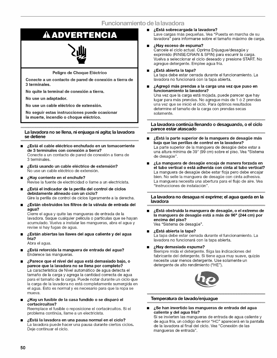 Temperatura de lavado/enjuague, Advertencia, Funcionaitiierio de la iawadera | Kenmore OASIS HT W10026626B User Manual | Page 50 / 80