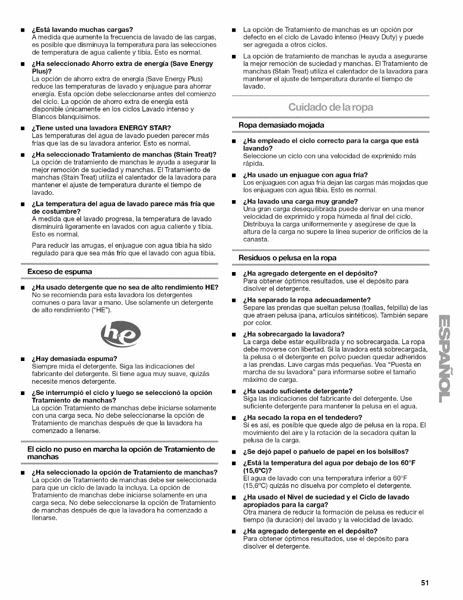 Exceso de espuma, Ropa demasiado mojada, Residuos o pelusa en la ropa | Kenmore OASIS HT W10026626B User Manual | Page 51 / 80