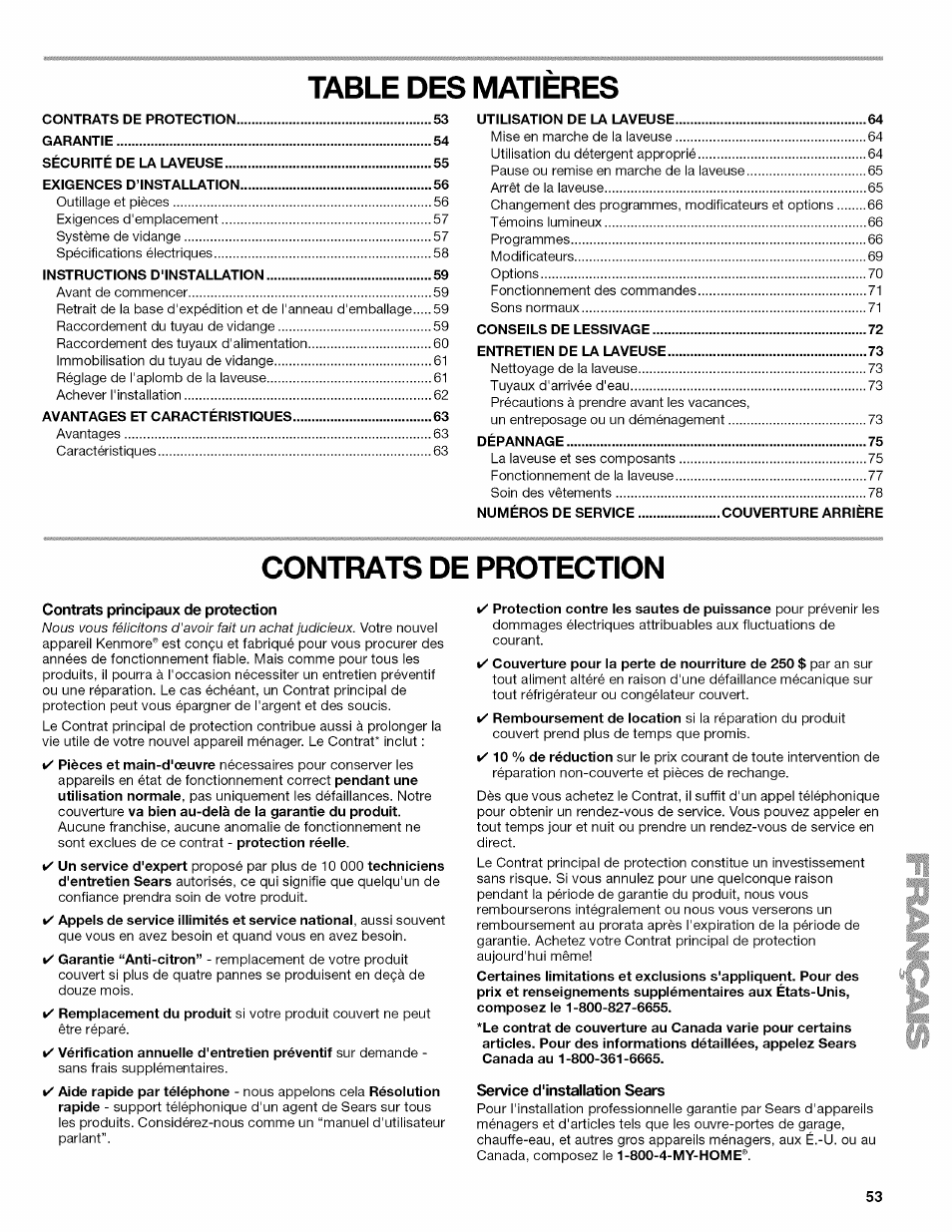 Table des matieres, Contrats de protection, Contrats principaux de protection | Service d'installation sears | Kenmore OASIS HT W10026626B User Manual | Page 53 / 80