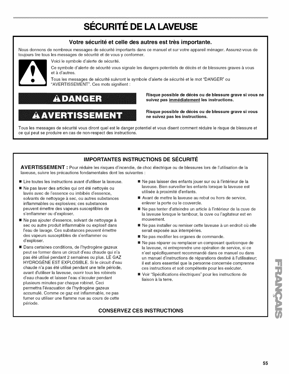 Securite de la laveuse, Adanger, Aavertissement | Sécurité de la laveuse | Kenmore OASIS HT W10026626B User Manual | Page 55 / 80