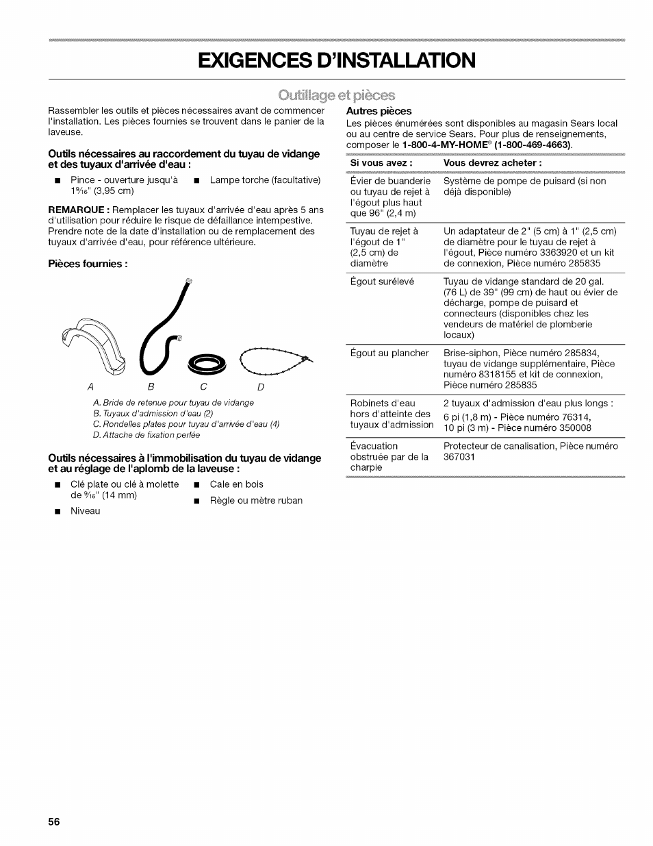 Exigences d’installation, Pièces fournies | Kenmore OASIS HT W10026626B User Manual | Page 56 / 80