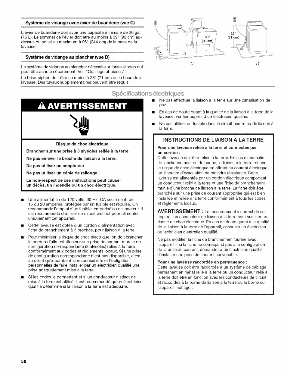 Système de vidange avec évier de buanderie (vue c), Système de vidange au plancher (vue d), A avertissement | Instructions de liaison a la terre, Spéciications électriques | Kenmore OASIS HT W10026626B User Manual | Page 58 / 80