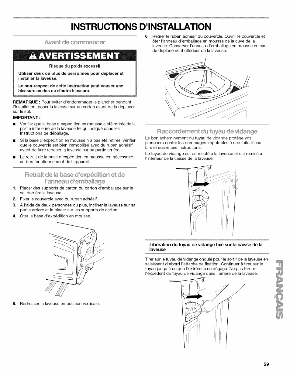 Instructions d'installation, A avertissement | Kenmore OASIS HT W10026626B User Manual | Page 59 / 80