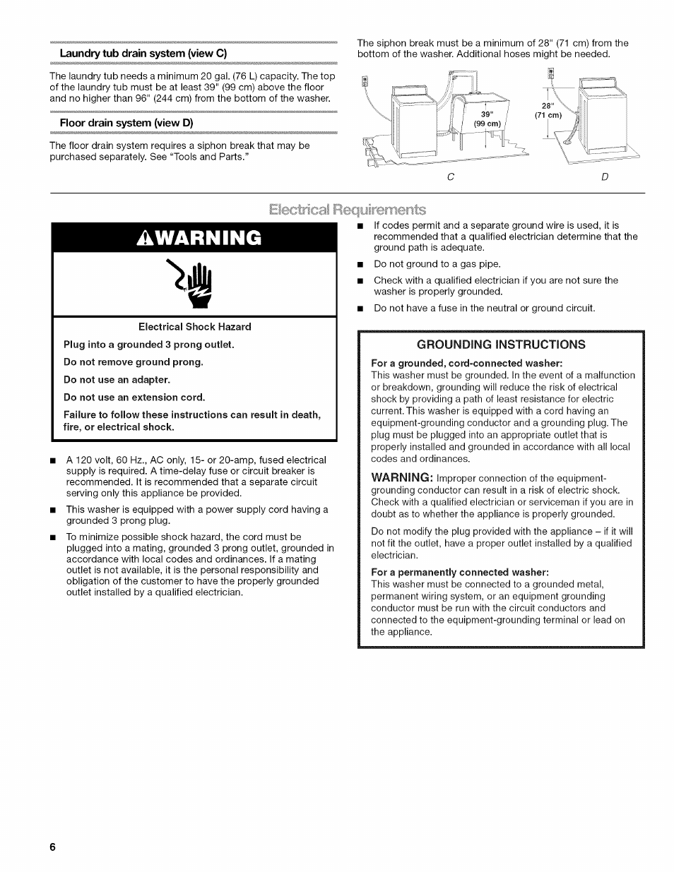 Floor drain system (view d), Warning | Kenmore OASIS HT W10026626B User Manual | Page 6 / 80