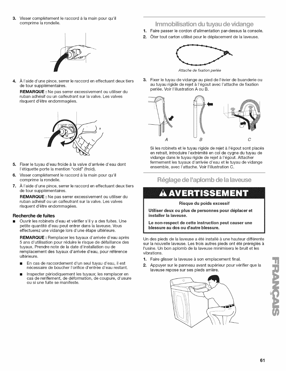 Recherche de fuites, A avertissement, Avertissement | Kenmore OASIS HT W10026626B User Manual | Page 61 / 80