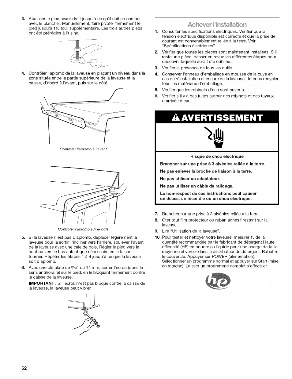 A avertissement, Achewer l'installation | Kenmore OASIS HT W10026626B User Manual | Page 62 / 80