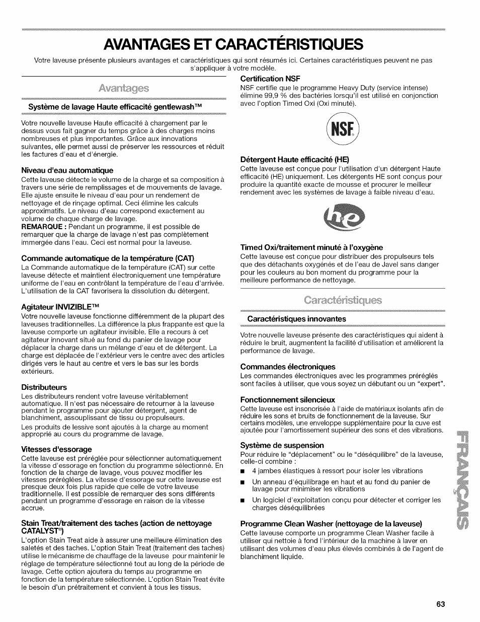 Avantages et caracteristiques, Certification nsf, Système de lavage haute efficacité gentlewash | Niveau d'eau automatique, Commande automatique de la température (cat), Agitateur invizible, Distributeurs, Vitesses d'essorage, Détergent haute efficacité (he), Timed oxi/traitement minuté à l’oxygène | Kenmore OASIS HT W10026626B User Manual | Page 63 / 80