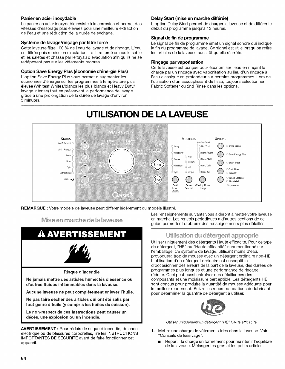 Panier en acier inoxydable, Système de lavage/rinçage par filtre forcé, Option save energy plus (économie d'énergie plus) | Delay start (mise en marche différée), Signal de fin de programme, Rinçage par vaporisation, Utilisation de la laveuse, A avertissement, Avertissement | Kenmore OASIS HT W10026626B User Manual | Page 64 / 80