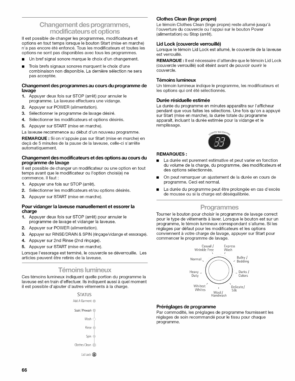 Clothes clean (linge propre), Üd lock (couvercle verrouillé), Témoins lumineux | Durée résiduelle estimée, Préréglages de programme | Kenmore OASIS HT W10026626B User Manual | Page 66 / 80